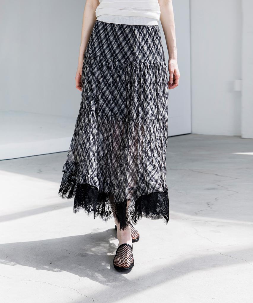 HYFVE Crinkle Check Lace Long Skirt