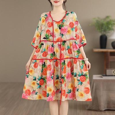 Short Sleeve Plus Size Cotton Linen Vintage Floral New In Dresses for Women Casual Loose Midi Summer Dress