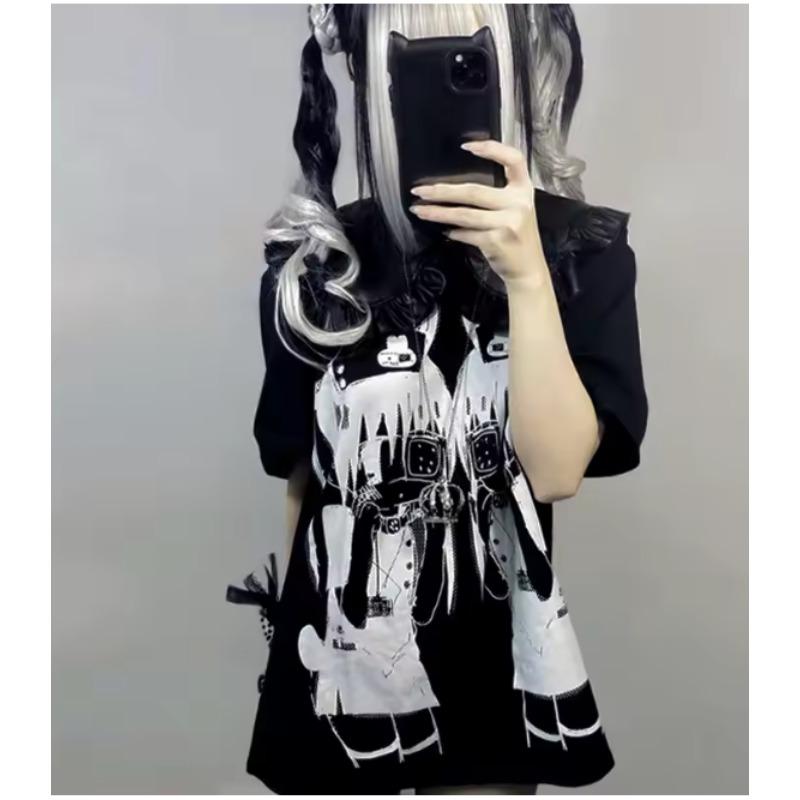 Y2k Women Clothing Arcane Short Sleeve Black Tops Cool Cute Subculture Round Neck T Shirt 2000s Harajuku Punk Japanese Tees Tops