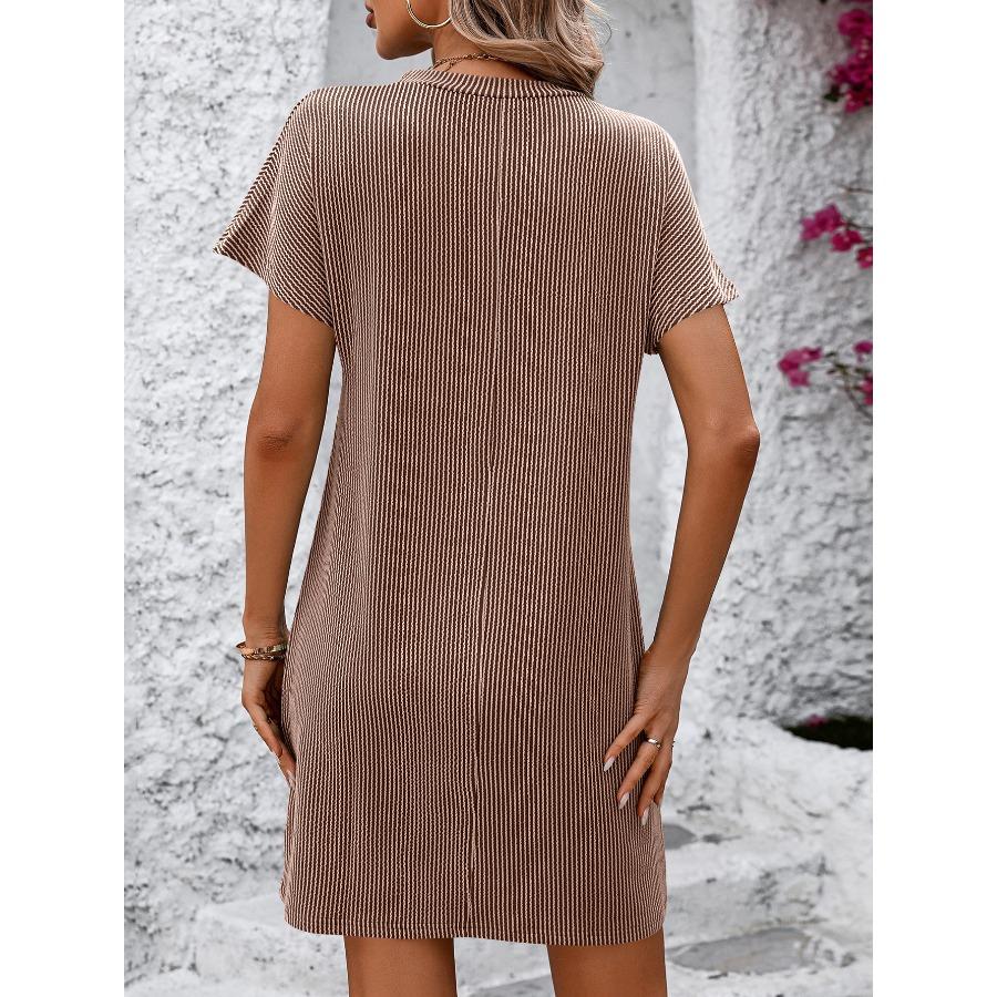 Women's Summer Casual Color Contrasting Twisted Strip Short Sleeve Pocket Dress