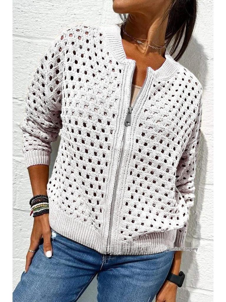 Veste zippée décontractée en maille ajourée pour femme 2025