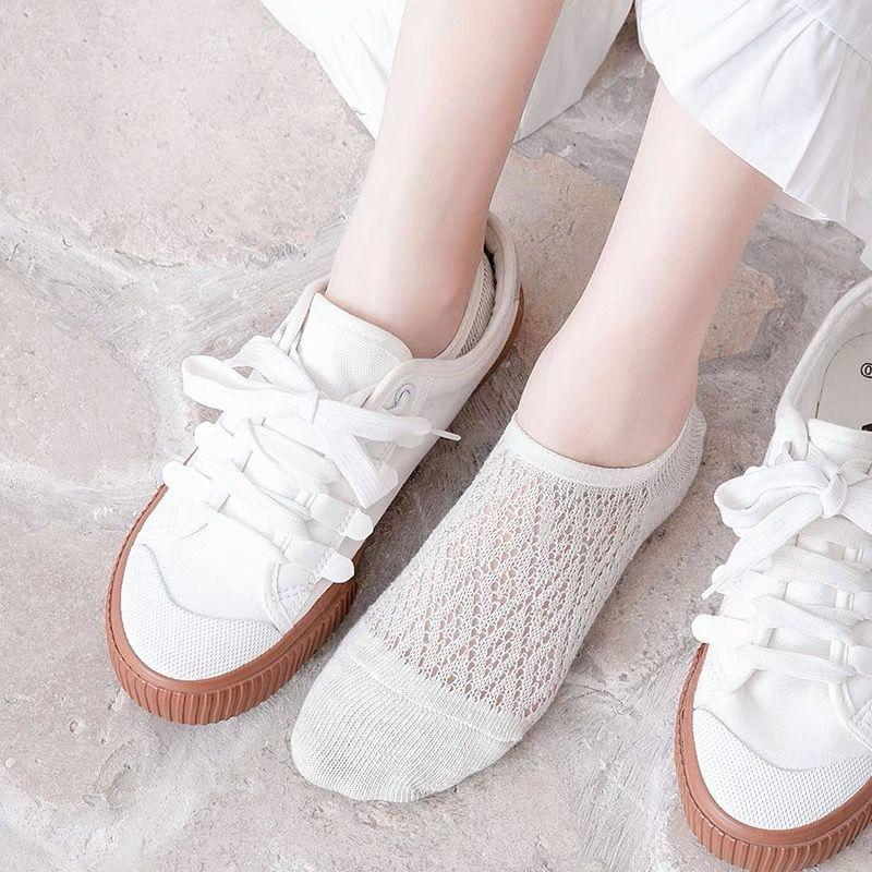 5 Pairs Summer Women's Mesh Cotton Socks Solid Color Silicone Invisible Boat Socks Silicone Non-slip Ankle Socks Deodorant Antibacterial Socks