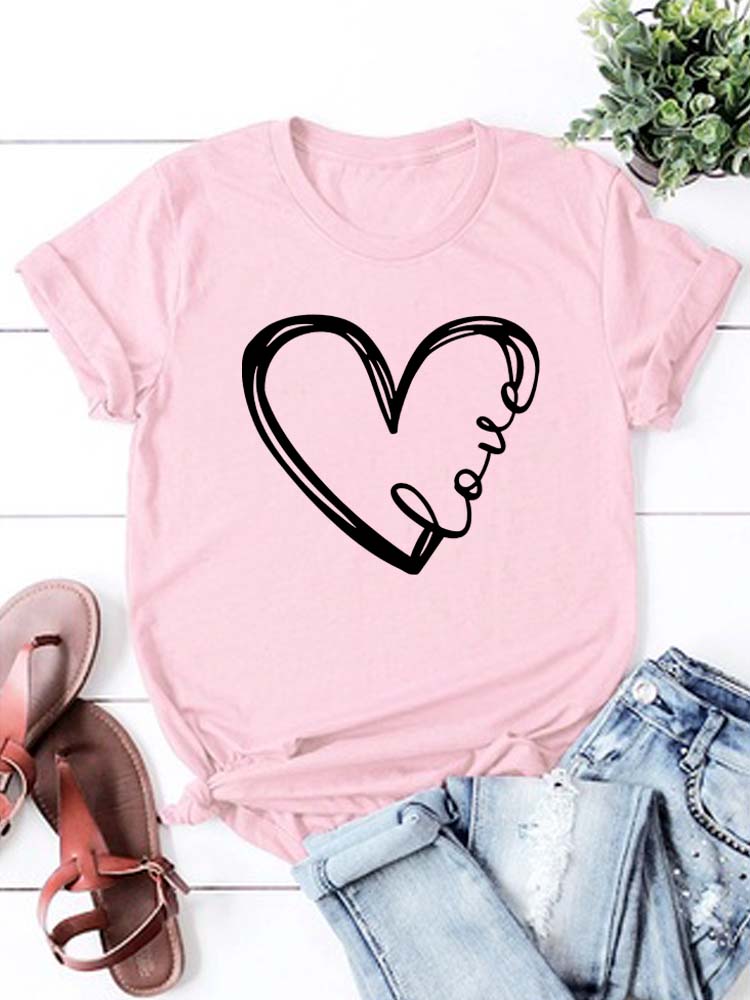 Love Heart Printed Trend Women Fashion Clothing Graphic T-shirts Clothes Print Female Shirt Short Sleeve Lady Casual Tee