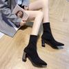 Women's Fashion Thick Heel Single Boots Autumn New Pointed Mesh Cloth Breathable Anti-slip Wear-resistant Short Boots