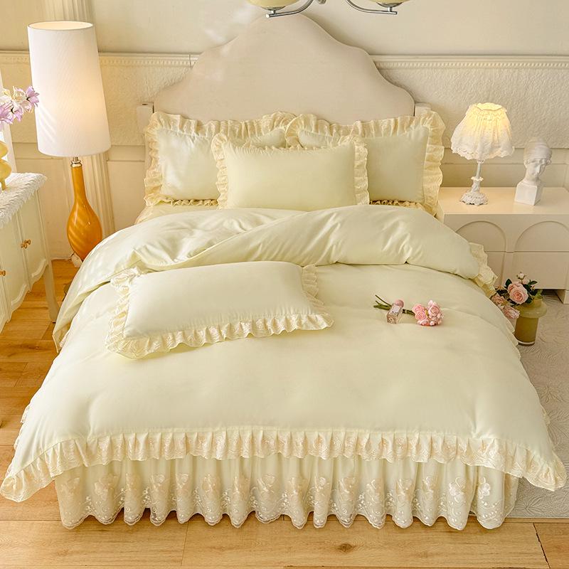Princess Lace Ruffle Bed Skirt Set (3-4 Piece) - Pure Color Duvet Cover and Sheet.