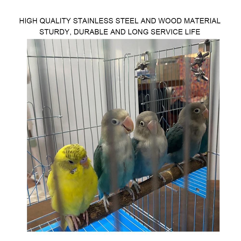 Stainless Steel Bird Mirror, Wooden Support Rod for   Cage Accessories, with Fixed Screw Easy Installation, Mirror Size 17x12cm