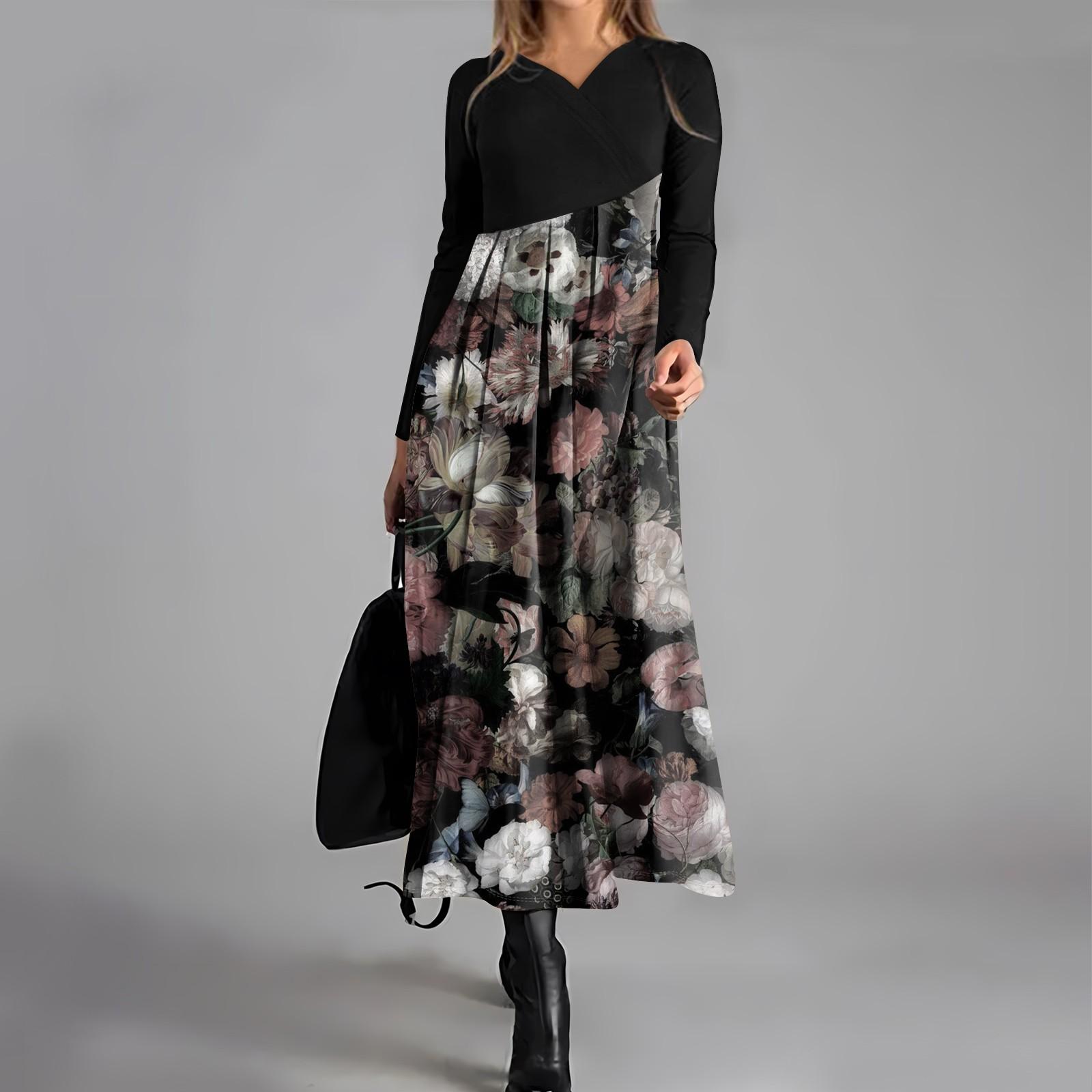 

Женское повседневное модное платье с V-образным вырезом и длинными рукавами, цветочным принтом, карманом на талии, свободное платье XXXL