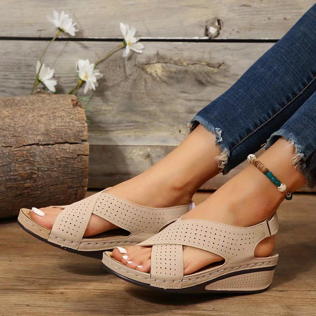 Women's Perforated Wedge Sandals Cross Strap Solid Color Hook & Loop Shoes Comfy Arch Support Platform Shoes