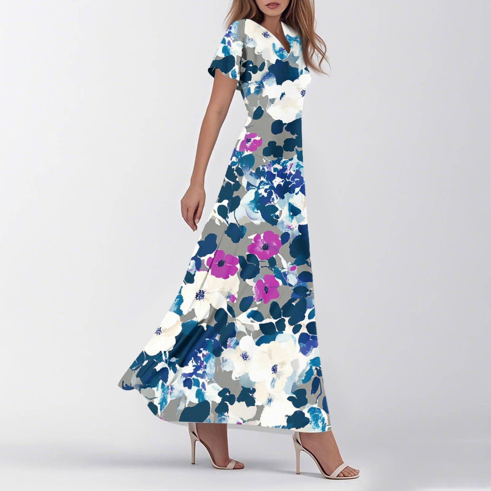 

Жіноча літня повсякденна мода ретро квіткова сукня з V-подібним вирізом та короткими рукавами M фіолетовий