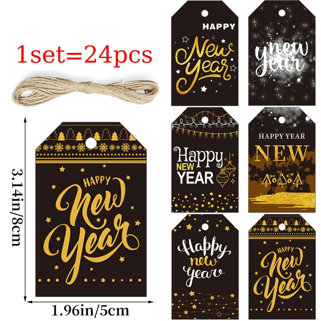 24pcs/set Happy New Year Labels DIY Black Gold Gift Wrapping Paper Hang Tags Paper Cards for New Year Party