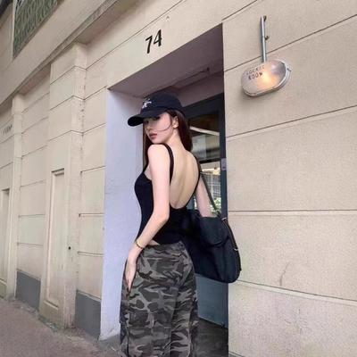 American Spice Girl One-piece Suspender Vest with Chest Pad Women's Summer Slim Skinny Halter Top Beautiful Back Inside and Outside