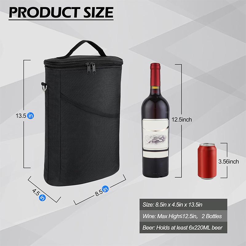 Leakproof Insulated Wine Cooler Bag - 2 Bottle Capacity with Handle & Adjustable Strap