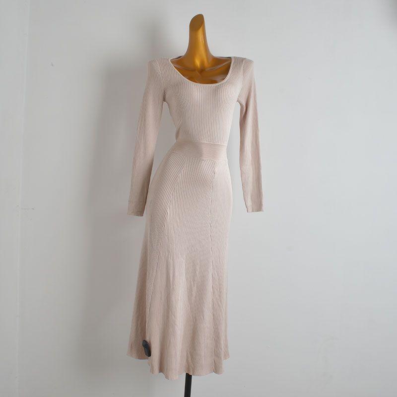 Foreign Trade Order Long Sleeve Knitted Dress Women Clothes Spring and Autumn Gyaru Sexy Hollow-out Backless Waist Lace-up Sheath Long Dress