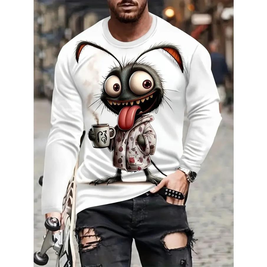 Cartoon Animal Print Men's Long Sleeve T-shirt Casual O-neck Oversized Pullover Autumn Fashion Streetwear High Quality Clothing