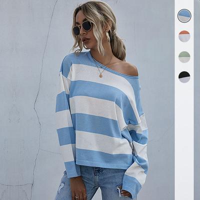Vintage Fashion Elegant Casual Autumn Women's Loose Round Neck Long Sleeve Knitted Striped Sweater Women