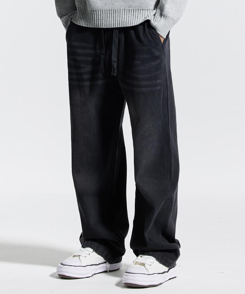 CREAM SODA LAB Basic Washed Wide Elastic Denim Pants Black