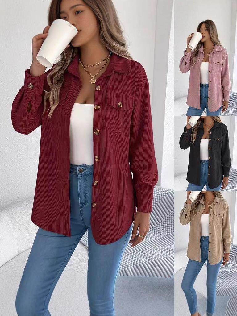 2025 Women's Casual European-American Corduroy Striped Shirt Jacket