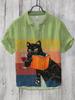 Summer Fashion Large Size Youth Men's Short Sleeve Shirt Linen Cardigan Lapel Funny Cat Ink Painting Print
