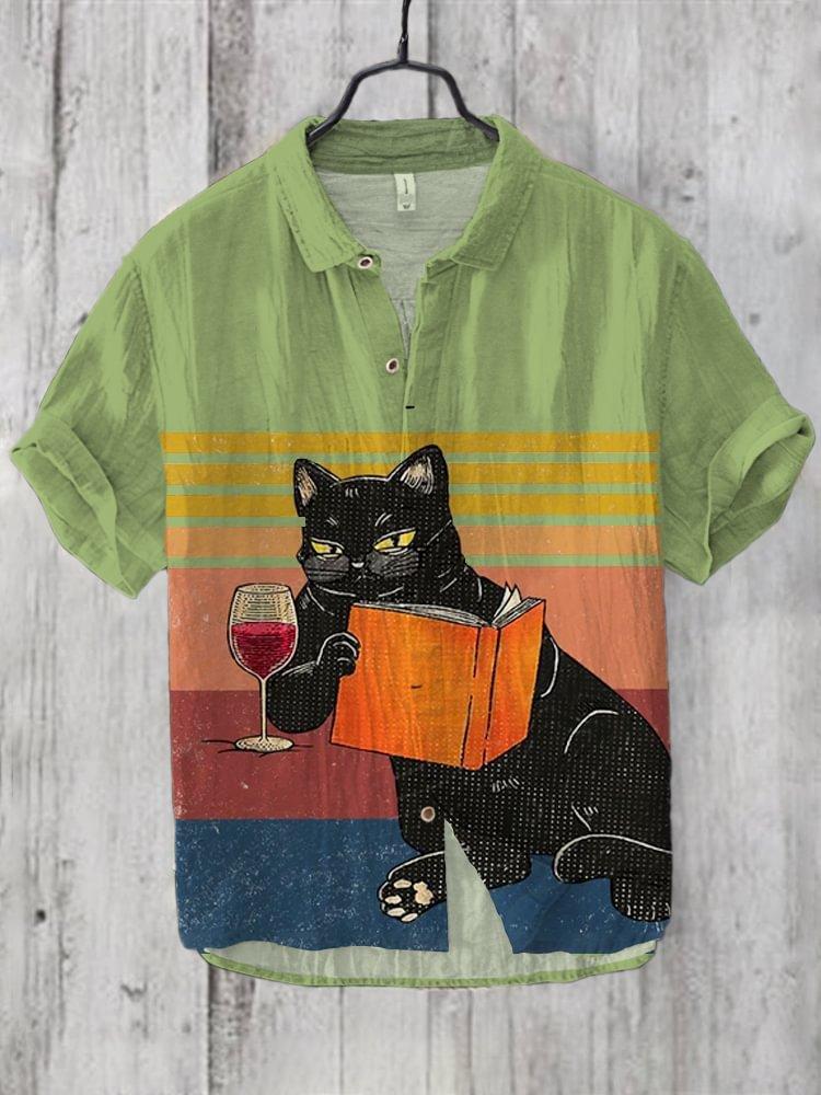 Summer Fashion Large Size Youth Men's Short Sleeve Shirt Linen Cardigan Lapel Funny Cat Ink Painting Print
