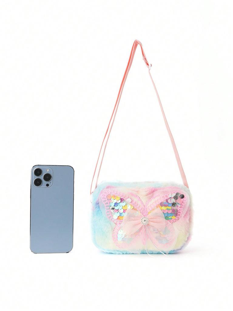 Kids Pink Butterfly Pattern Polyester Fluffy Shoulder Bag For School And Outings