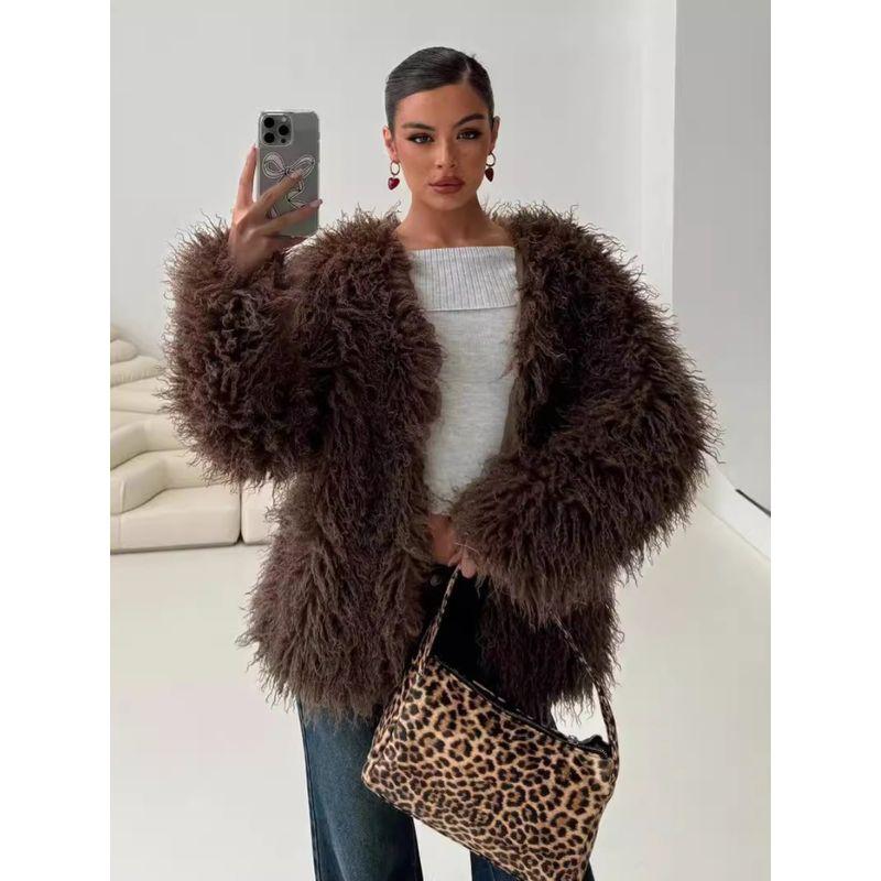 

Autumn and Winter European and American Fashion Imitation Fur Outerwear Faux Fur Brown Jacket Coat Fur Brown Jacket CHECOLATE XXL