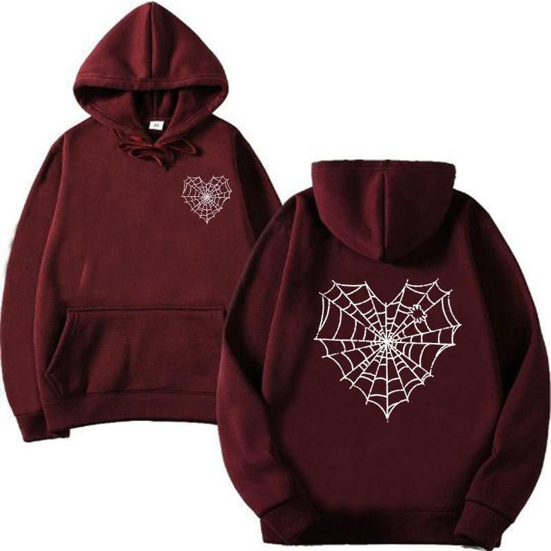 Gothic Spiderweb Print Hooded Sweatshirt Unisex Oversized Pullover With Ribbed Hem Fall