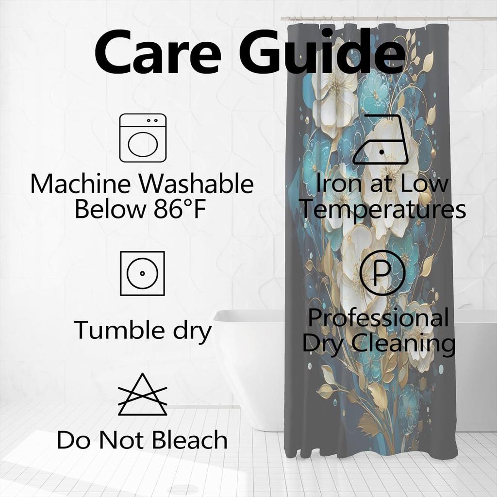 Floral Shower Curtain for Bathroom White Teal Blue Flowers Gold Leaves Shower Curtain Set with Hooks Abstract Black Bathtub Decor Waterproof Fabric