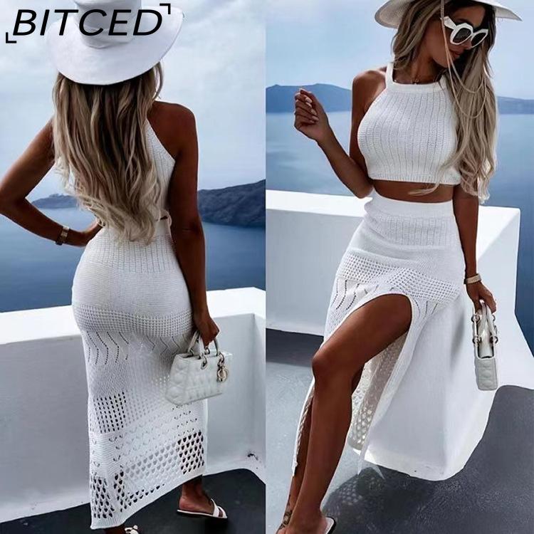 BITCED Sexy Beach Dress Set Summer Sleeveless Knitted Cropped Top Long Split Skirt