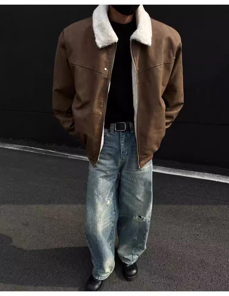 Men's Retro Tie-Dye Lamb Wool One-Piece Coat with Velvet Thickened, Turn-Down Collar, and Leather Accents