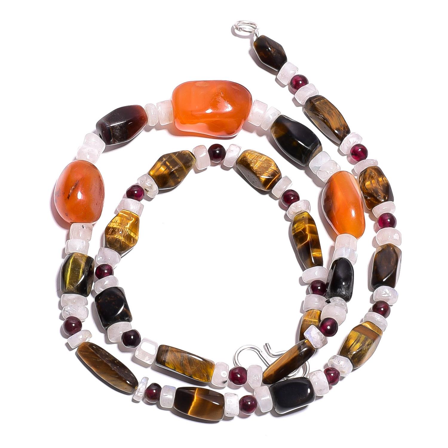 

Natural Carnelian Tiger Eye Moonstone Gemstone Smooth Beads Necklace 17 UB-4799 UB-4799