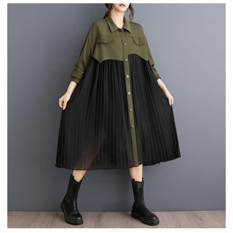 Niche Long Sleeve Loose Patchwork Pleated Dress