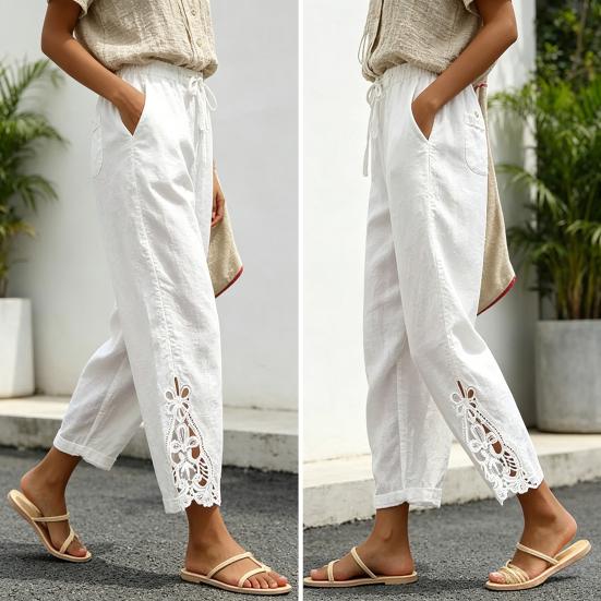 Women Pants, Drawstring Adjustable Waistband High Waist Summer Pants, Pure Color Loose Fit Casual Trousers for Travel Work School Daily Wear