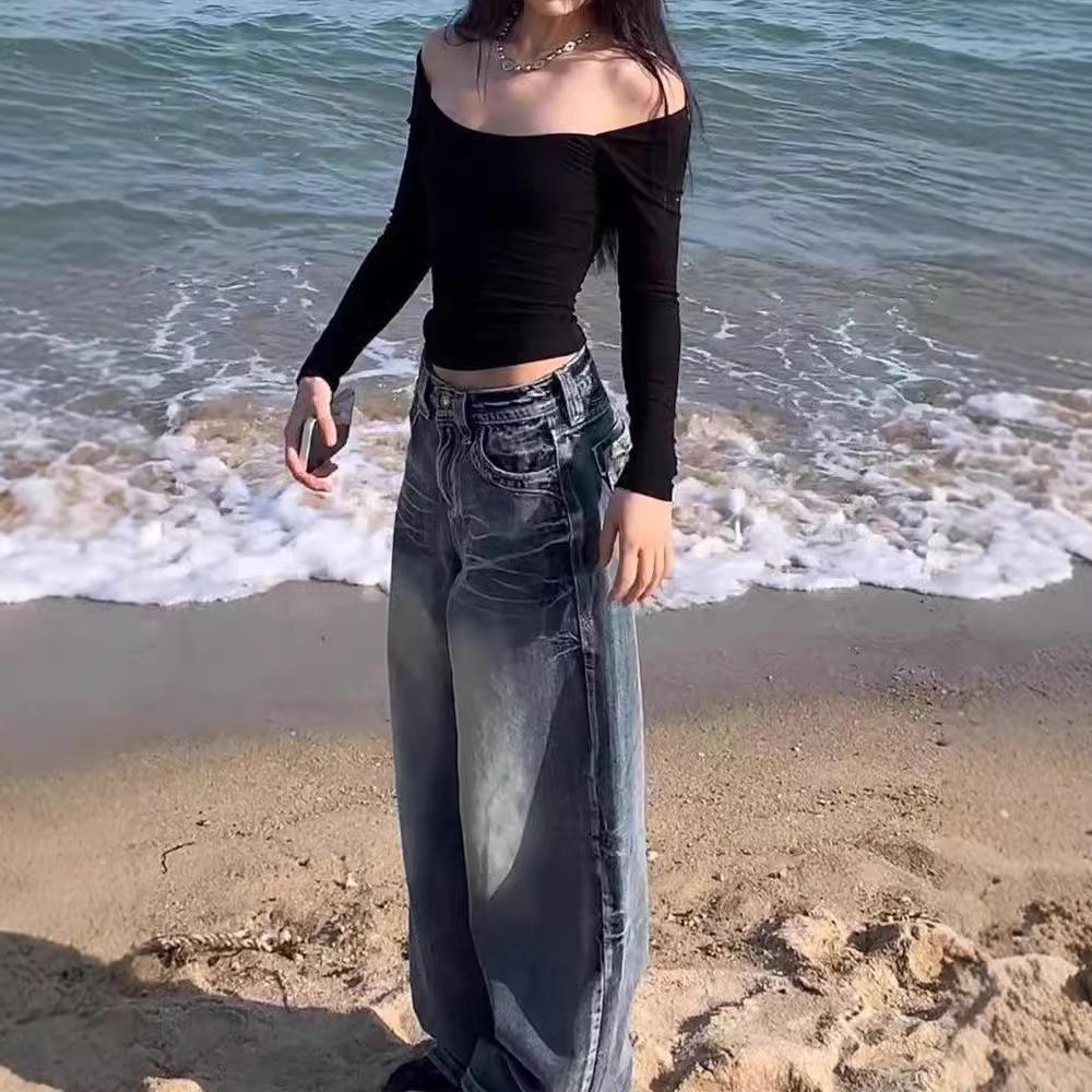 American Retro Washed Wide-leg Jeans Y2k Street Cat Whisker Pattern Design Sense Loose Straight Mopping Trousers Women