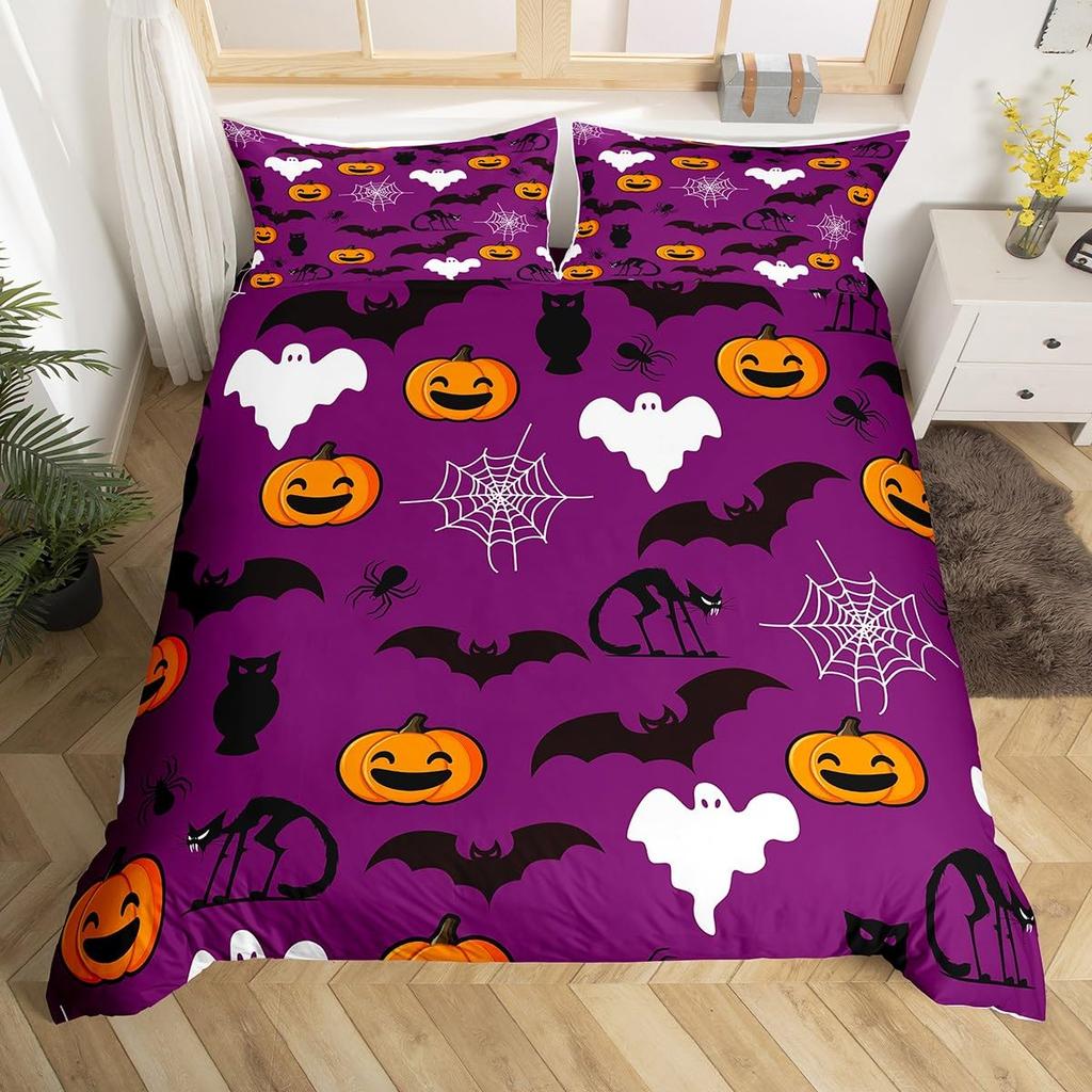 Halloween Bettbezug Zuckerschädel Kopf Bettwäsche Set Queen/Full Größe, Gruselig Erschreckende Fledermäuse Skelett Bettdeckenbezug für Teenager Jugendliche
