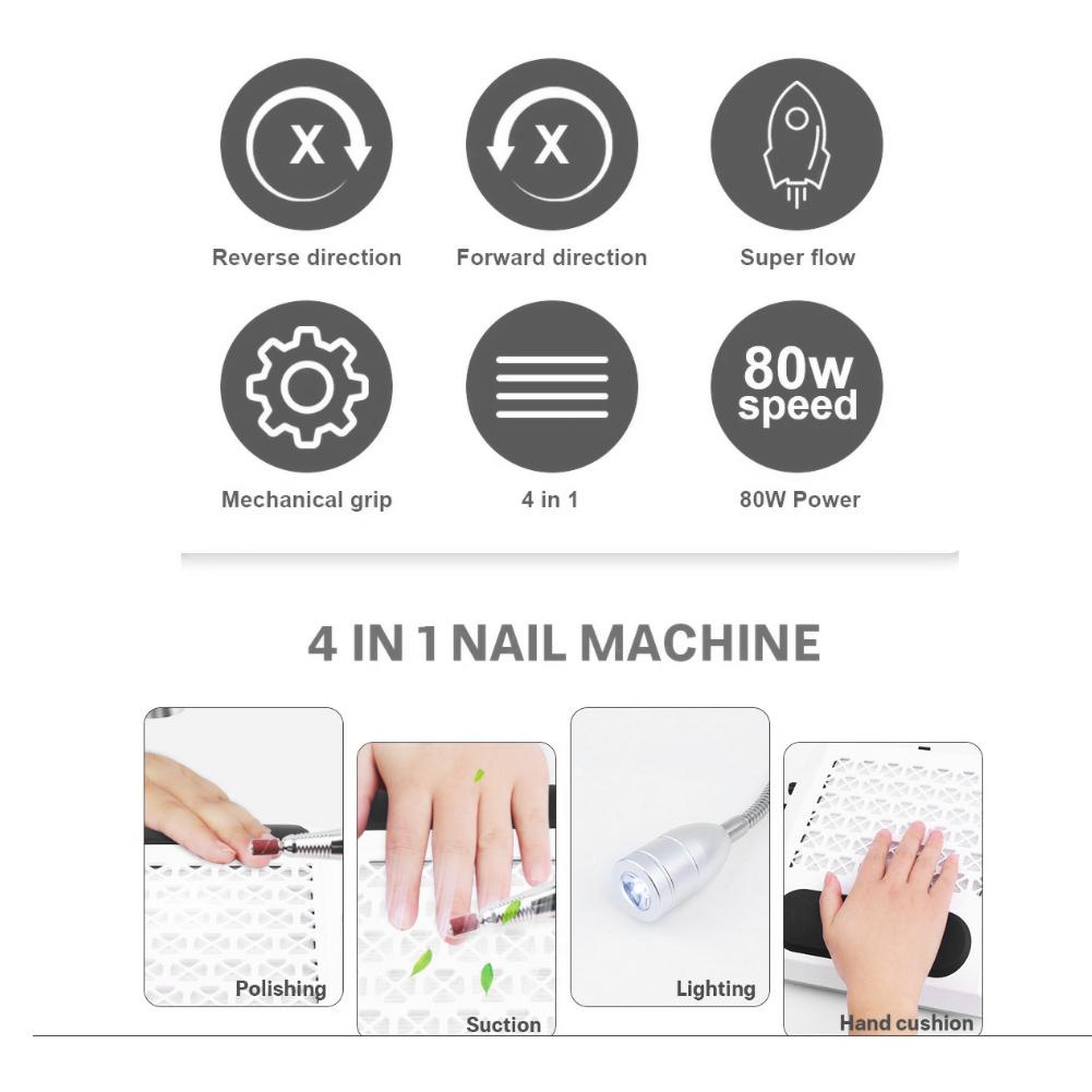 4 In 1 80W Strong Power Electric Nail Drill Nail Cleaner Nail Art Lamp Hand Pillow