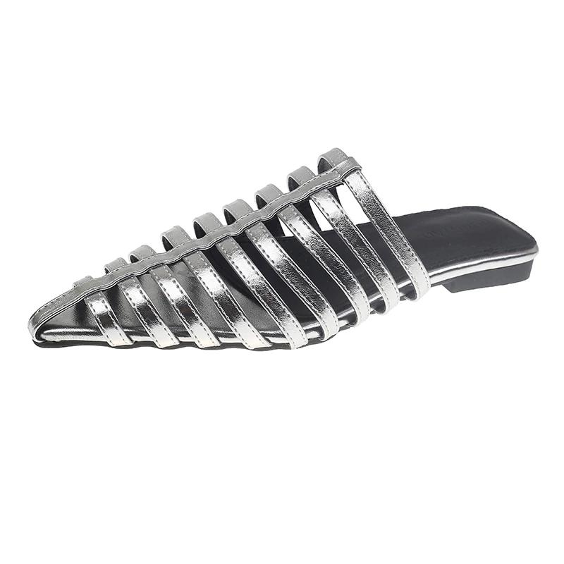 

Летние женские модные шлепанцы на плоской подошве с закрытым носком, с острым носком, с узкой перемычкой, женская обувь для платья, дышащие Zapatillas De Mujer 40 серебряный