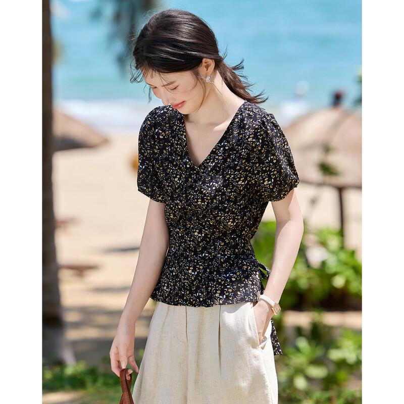 French Elegant Floral V-Neck Bow-Tie Women's Shirt