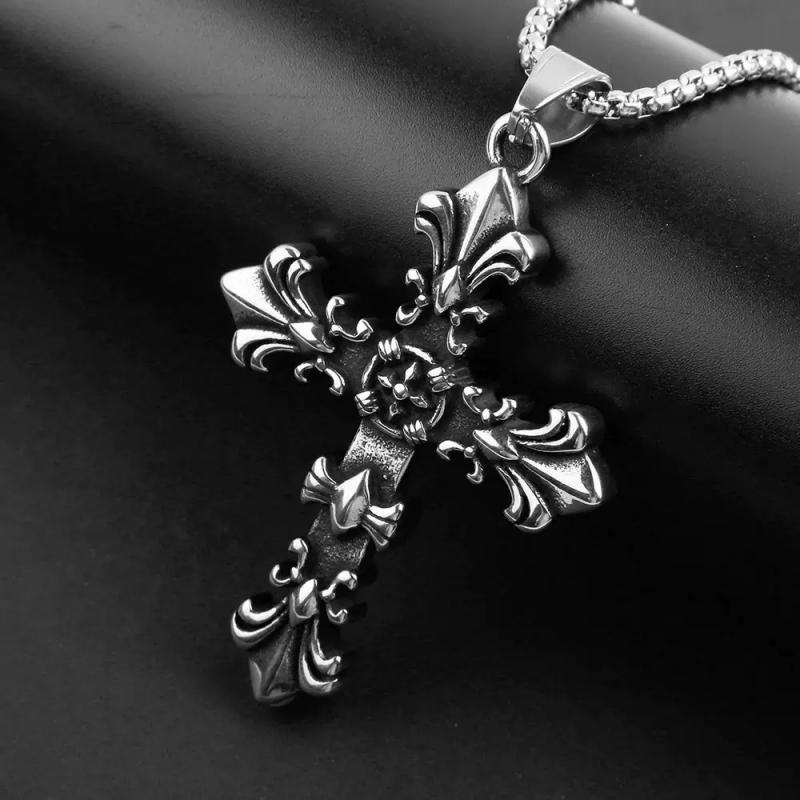 

Unisex Vintage Silver Color Cross Pendant Necklace Punk Streetwear Chain Accessory срібний