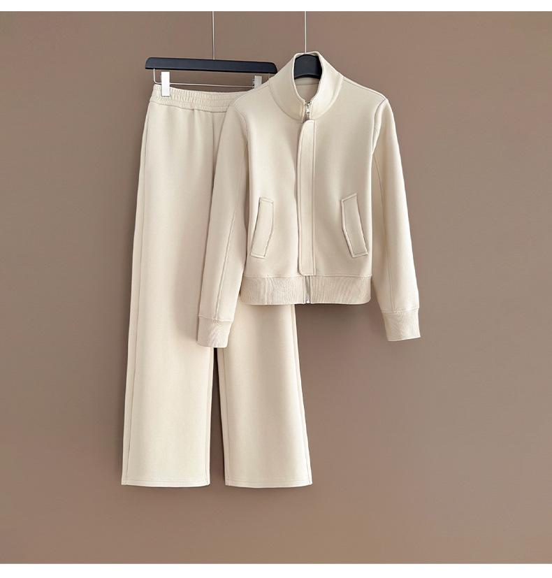 Women's Trendy Korean Style Casual Sports Suit: Plush Stand Collar Jacket & Wide-Leg Pants Two-Piece Set for Spring/Autumn 2026.