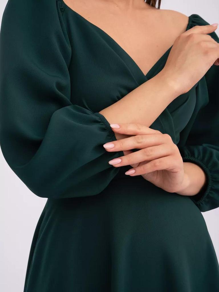 Spring V-Neck Waist-Cinching Puff Sleeve Dress with Pockets for Women