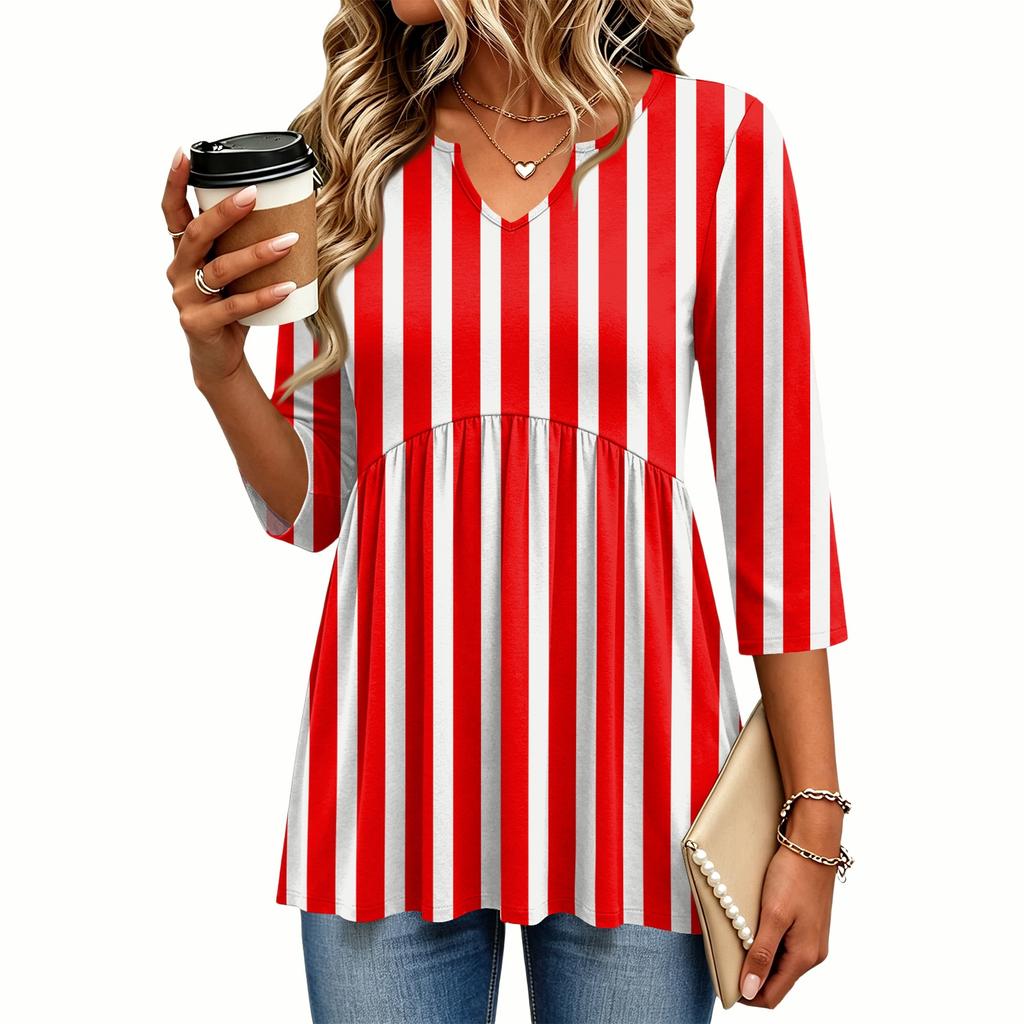 Women's Casual Striped V-Neck Three-Quarter Sleeve Blouse for Everyday Wear