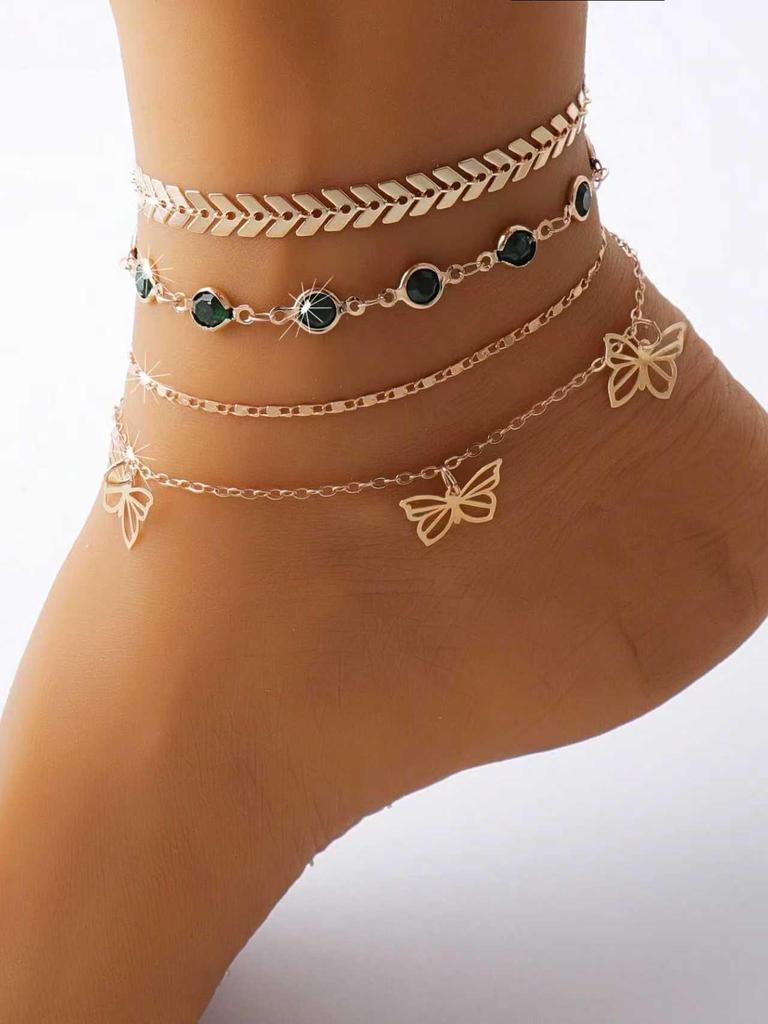 European & American Multi-Layer Crystal Chain Butterfly Anklet - Beach Style Foot Jewelry
