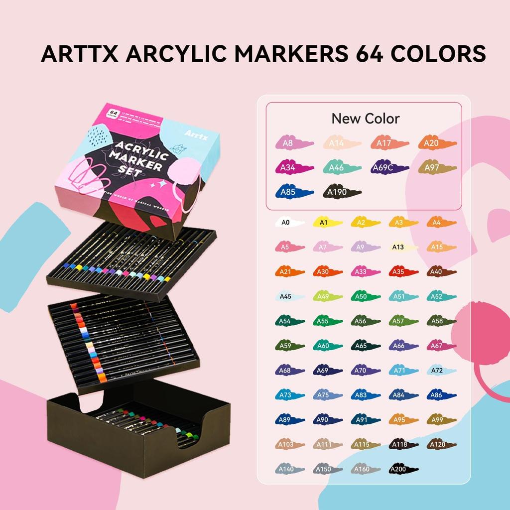 Arrtx Acrylic Paint 64 Acrylic Paint Pens for Rock Card DIY and Calligraphy Markers, Colors, Dual-Tip Painting, Wood, Ceramic, Fabric, Glass, Canvas,