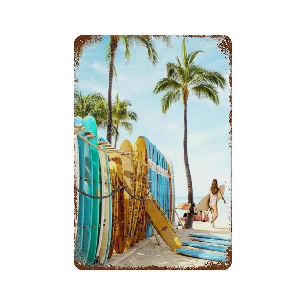 Vintage Metal Tin Signs Poster Hawaii Beach Party Poster Surfing Paradise for Beach Bar Cafe Club Home Room Wall Decor