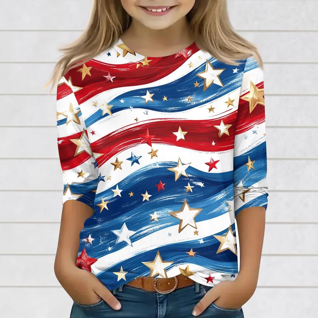 Druckoberteile für junge Mädchen 3-10 Jahre Rundhals 3/4-Ärmel T-Shirts Trendige Oberteile Outfit T-Shirts