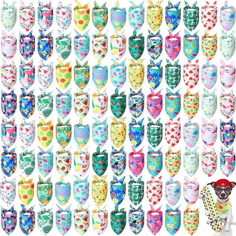 Chunful 100 Pieces Dog Bandanas Bulk Summer Pet Bandanas Pack Triangle Scarf Bib Kerchief Set for Small Large Dog Costume Accessories Decoration(25.6 Summer