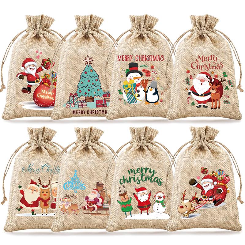 

8/24 шт. подарочные мешочки с завязками, льняные рождественские мешочки смешанного рисунка для рождественских праздников, новогодних вечеринок, сувениры, принадлежности
