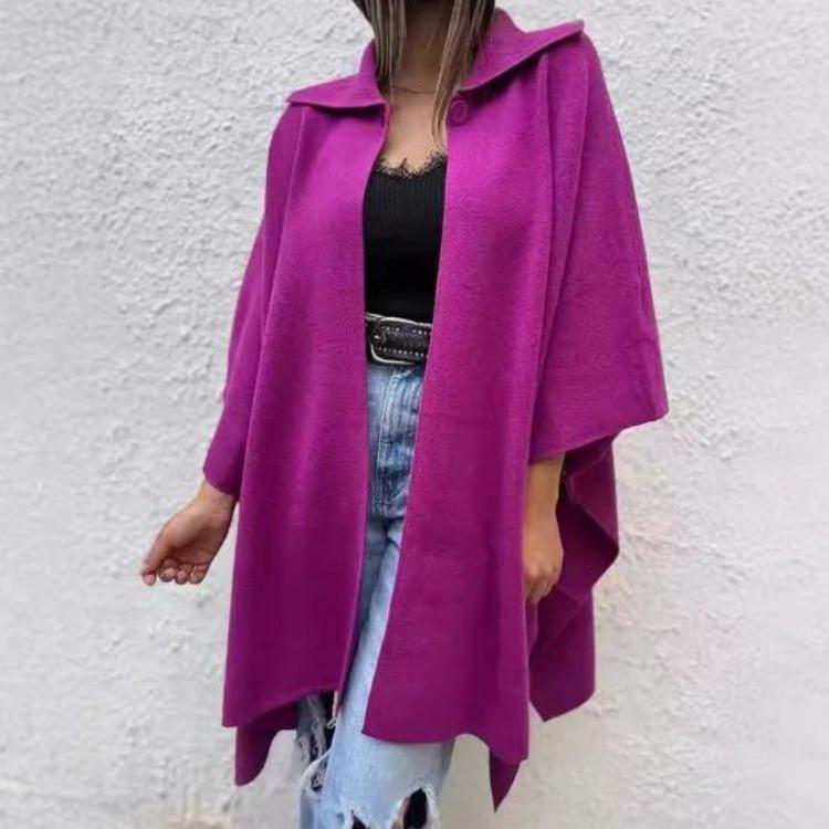 Women Cape Jacket Cardigan Fall Spring Coat Dolman Sleeve Turn Down Collar Loose Open Stitch Irregular Hem Solid Color Dating Commuting Poncho