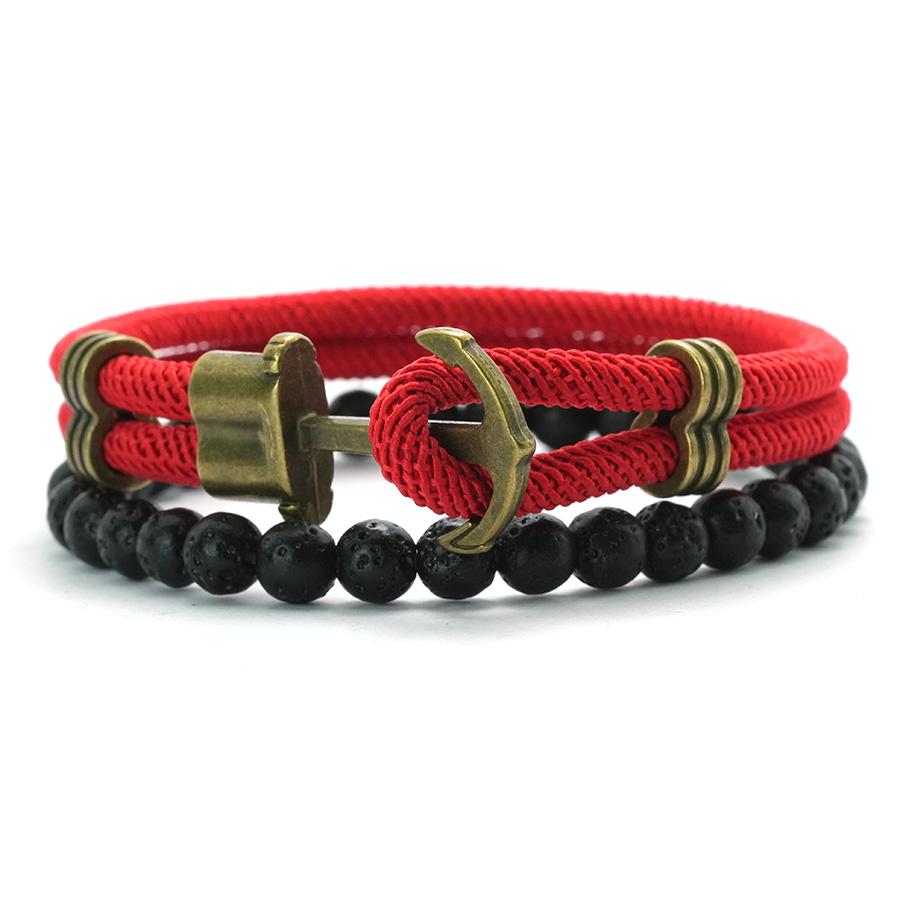Retro 2Pcs/Set Men Anchor Bracelet 6mm Natural Lava Stone Beaded Braslet 6 Colors Grade A 4mm Ethnic Fabric Braclet Pulseria
