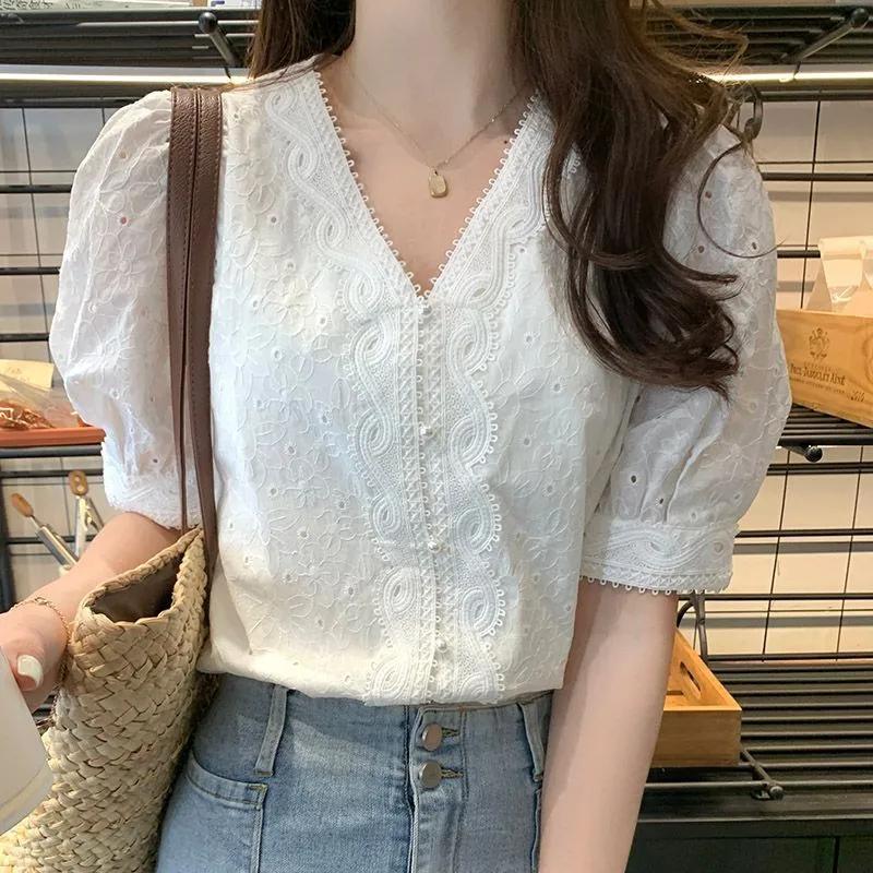 Women White V Neck Lace Trim Blouse Embroidered Puff Sleeve Casual Top L